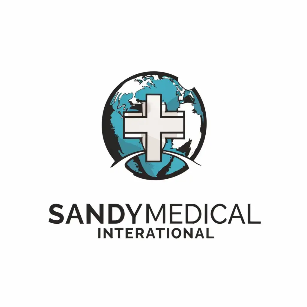 a logo design,with the text "Sandy Medical International", main symbol:Plus sign and earth is like a cartoon.,complex,be used in Medical Dental industry,clear background