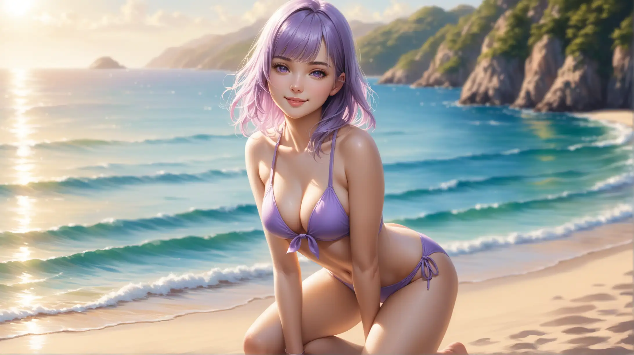 Seductive Woman in Light Purple Swimsuit Outdoors