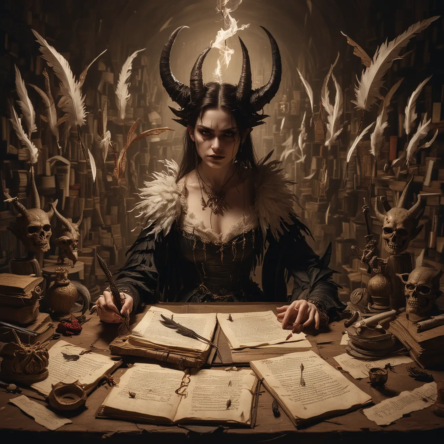 Female Demon Surrounded by Manuscripts Writing with a Feather Quill