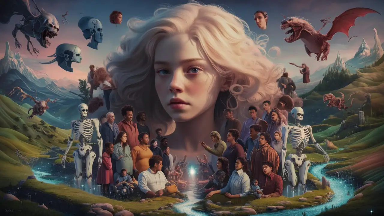Surreal digital artwork depicting a large detailed dreamlike portrait of a young woman with long white hair in the center of the image, surrounded by people of various nationalities and skin colors and humanoid robot parts such as machine skeletons, robotic hands and heads, and terrifying mythological monsters. floating in the air. The background is a mixture of fantasy sci-fi landscapes with hills, mountains and rivers creating a dreamlike atmosphere. This scene embodies vivid colors, intricate details and a sense of wonder. The artwork is rendered in the style of surrealist digital artists.