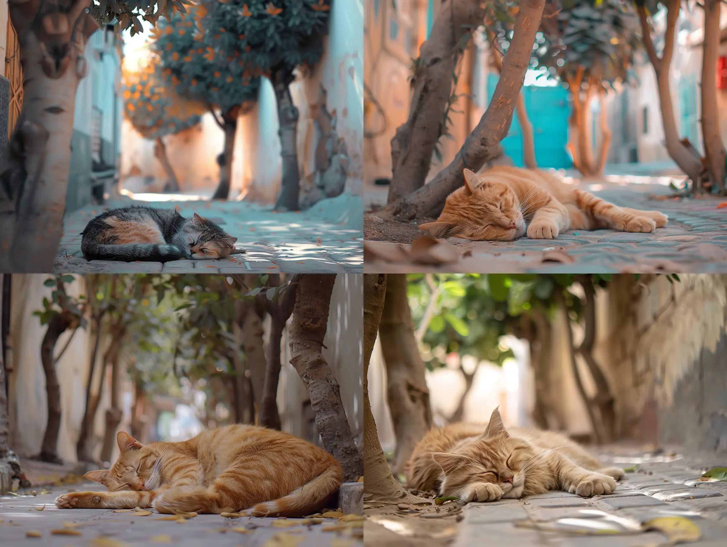 A beautiful cat sleeps in one of the alleys of Jeddah Al-Balad, trees decorate the place. Full HD 4K photorealism, landscape, nostalgia, architecture, photorealism, cinema 4D, low angle perspective, muted colors, mirrorless camera, natural light, nostalgia,