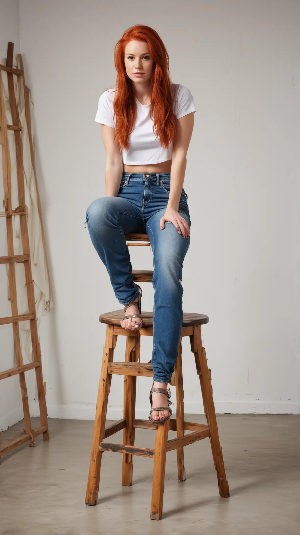 Create a vivid image of a young woman in her thirties with long red hair, dressed in jeans and a crop top, seated on a stool within an empty loft studio with an artistic ambiance. white walls
