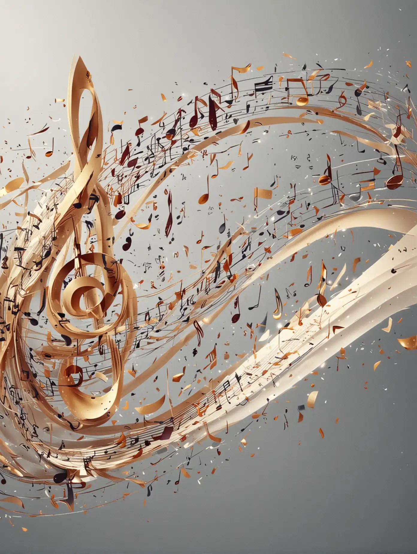 Abstract background, flowing lines, flying notes, 8th notes, 16th notes, staff