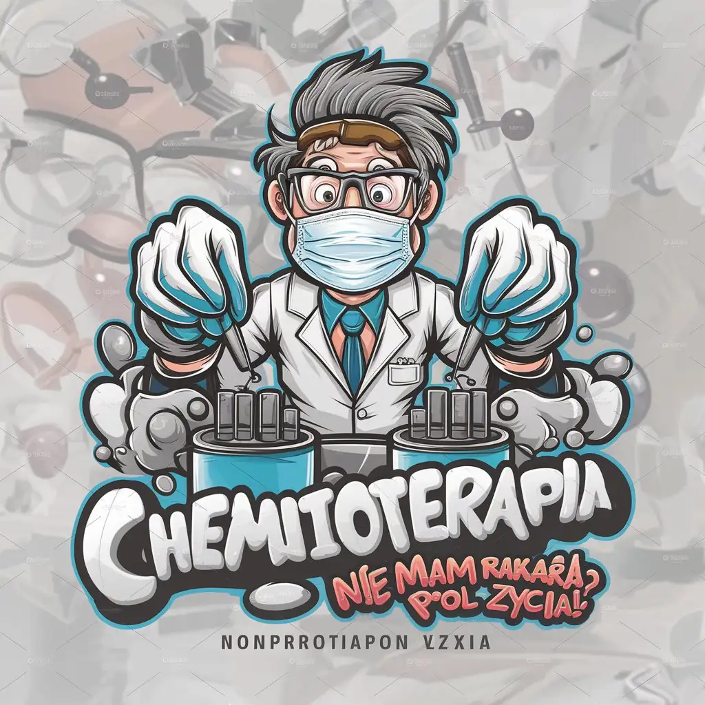 a logo design,with the text 'Chemioterapia', main symbol:character in mask, glasses, latex gloves and white coat prepares chemical recipe behind and around chemical ampoules and graffiti Polish inscription Bubble Style: 'I DON'T HAVE CANCER, BUT I HAVE LIFE' crazy dill man funny animation,Moderate,be used in Nonprofit industry,clear background