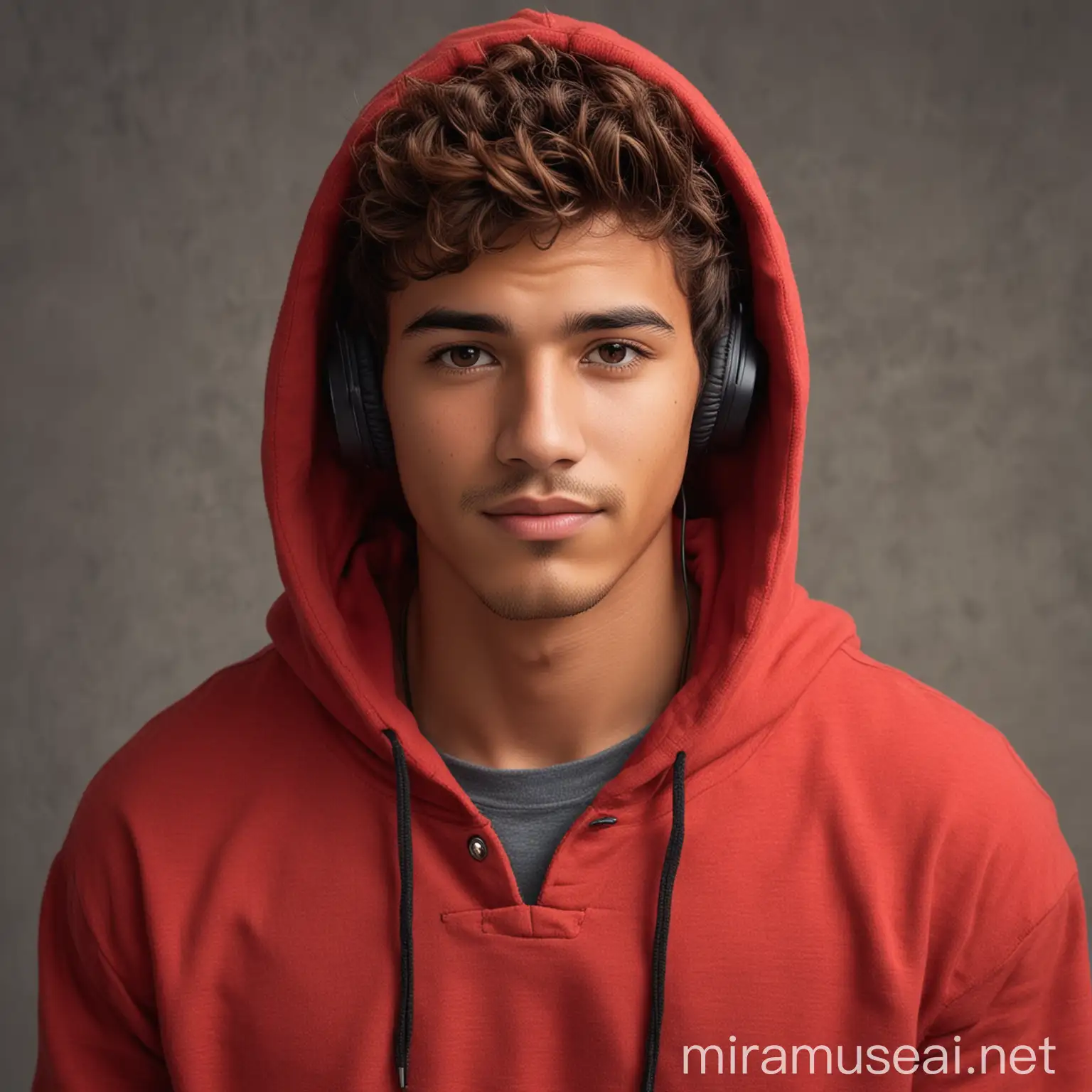 Courageous Hispanic Teenager in Red Hoodie with Black Headphones