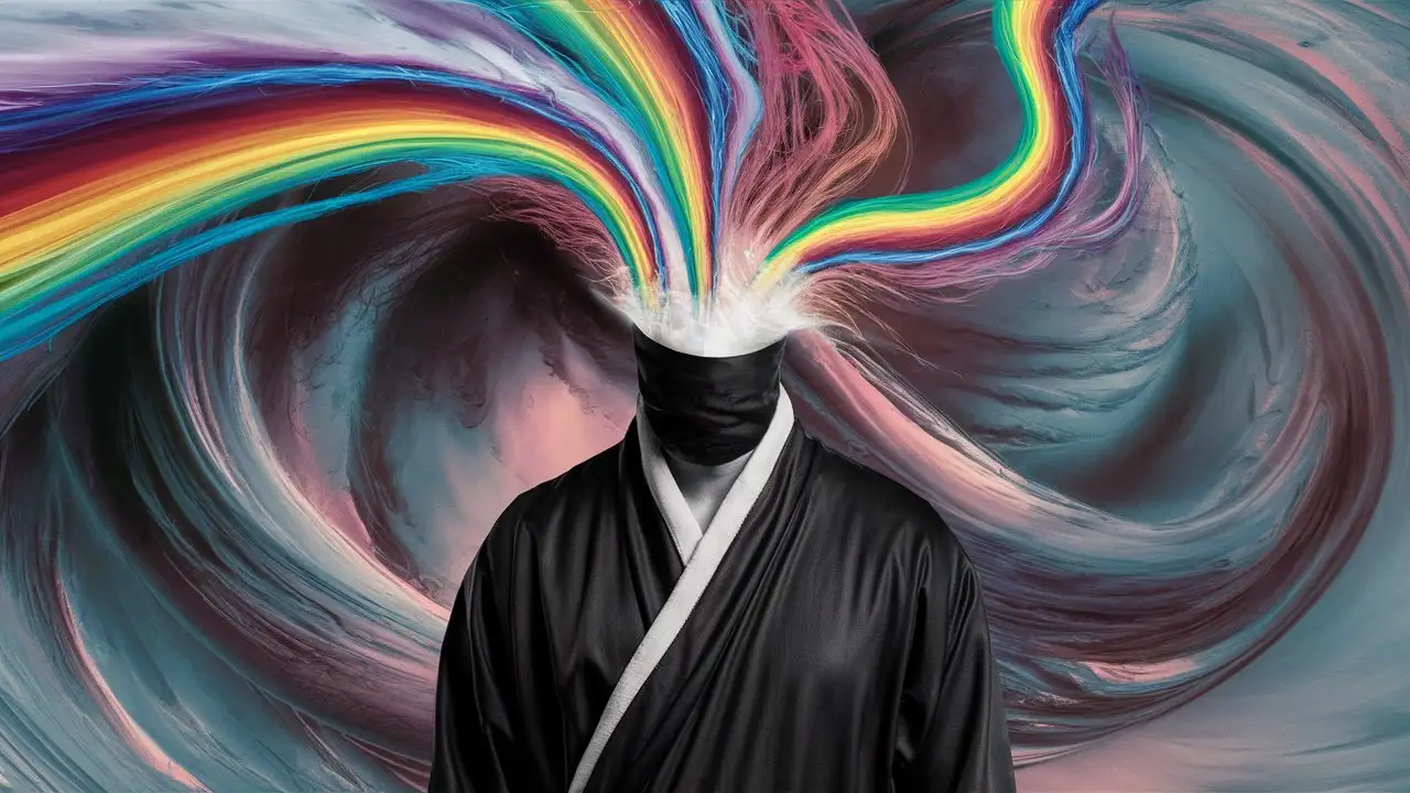 Abstract Figure in Black Robe with Rainbow Stream