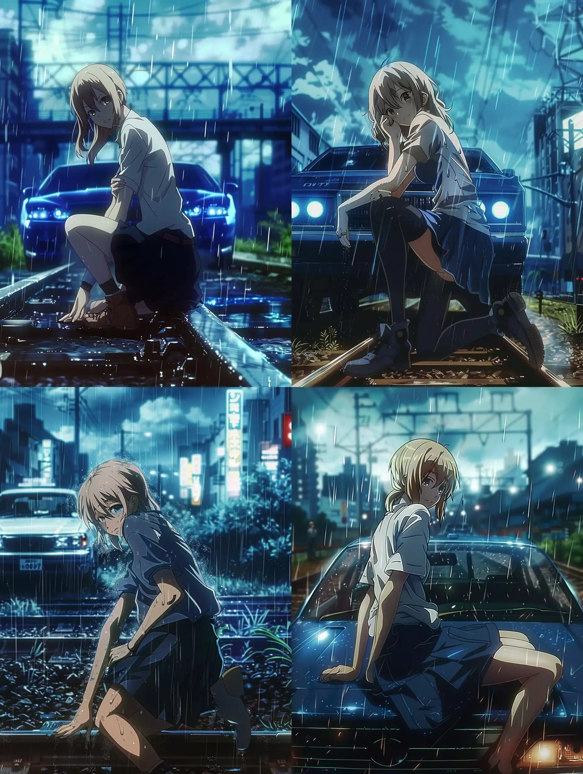 anime, cyberpunk, car, atmosphere, rain, outside the city, blue colors, leans on the car