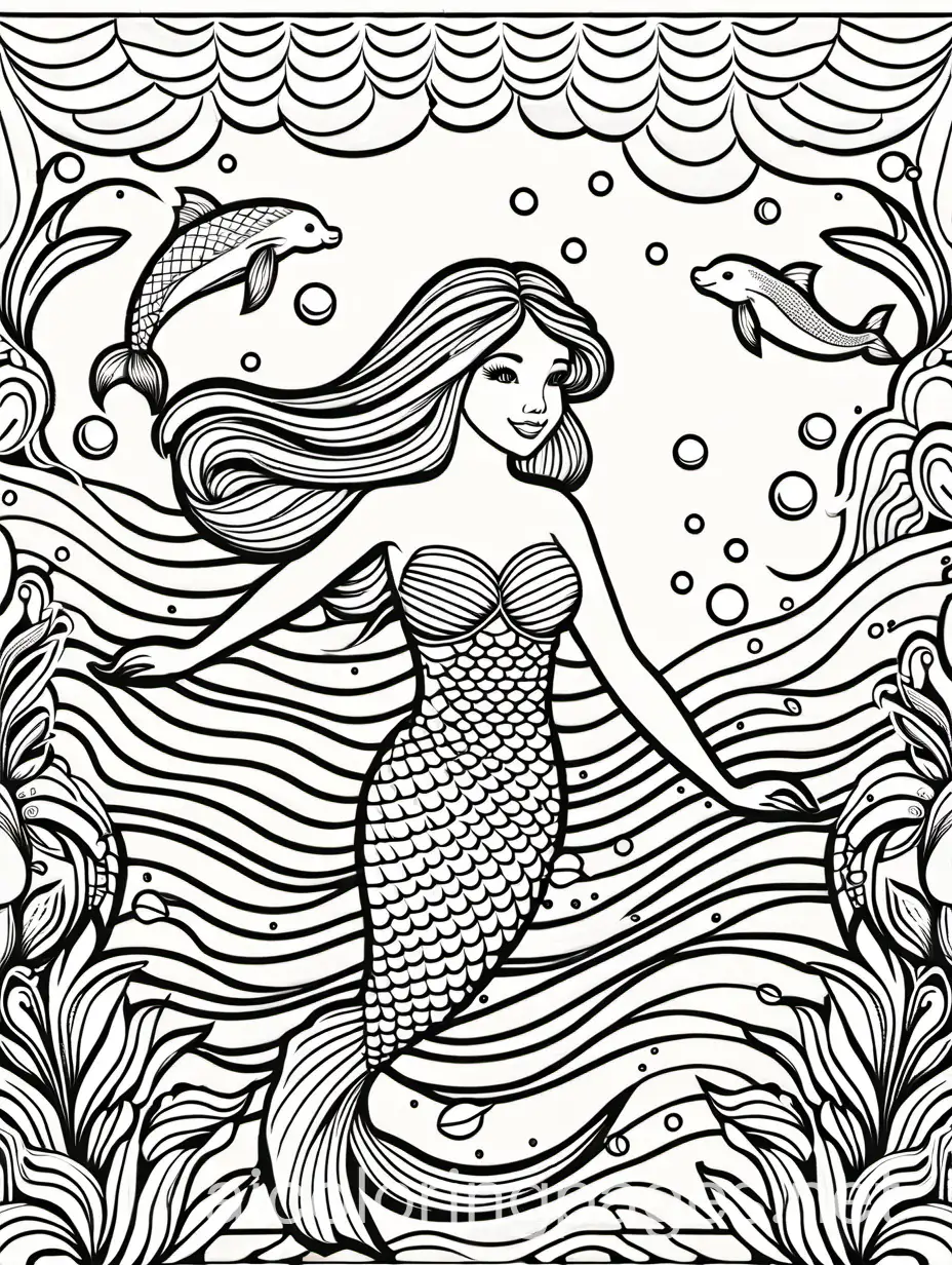 a bab mermaid swimming with sea lion, Coloring Page, black and white, line art, white background The background of the coloring page is plain white to make it easy for young children to color within the lines. The outlines of all the subjects are easy to distinguish, Coloring Page, black and white, line art, white background, Simplicity, Ample White Space. The background of the coloring page is plain white to make it easy for young children to color within the lines. The outlines of all the subjects are easy to distinguish, making it simple for kids to color without too much difficulty