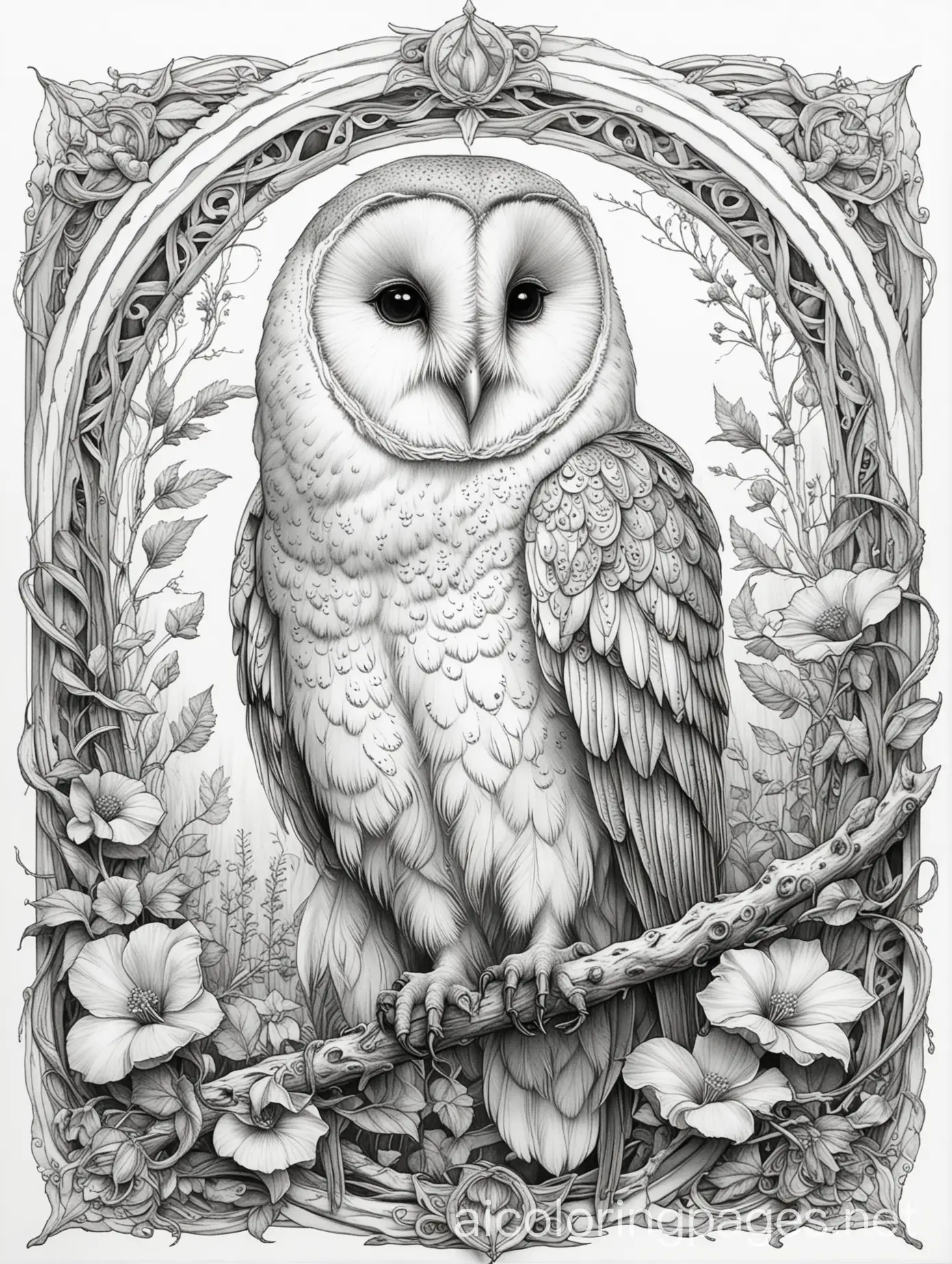 barn owl,   fantasy, ethereal, beautiful, Art nouveau, in the style of Brian Froud, Coloring Page, black and white, line art, white background, Simplicity, Ample White Space. The background of the coloring page is plain white to make it easy for young children to color within the lines. The outlines of all the subjects are easy to distinguish, making it simple for kids to color without too much difficulty