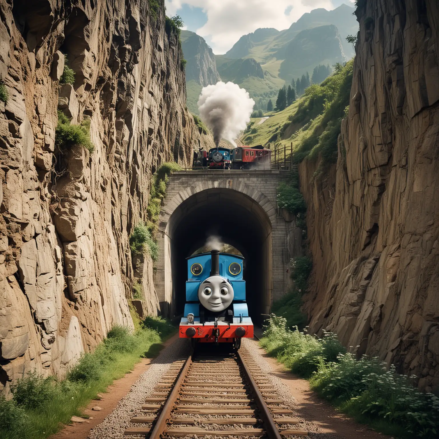 Thomas the Tank Engine Emerging from Mountain Tunnel