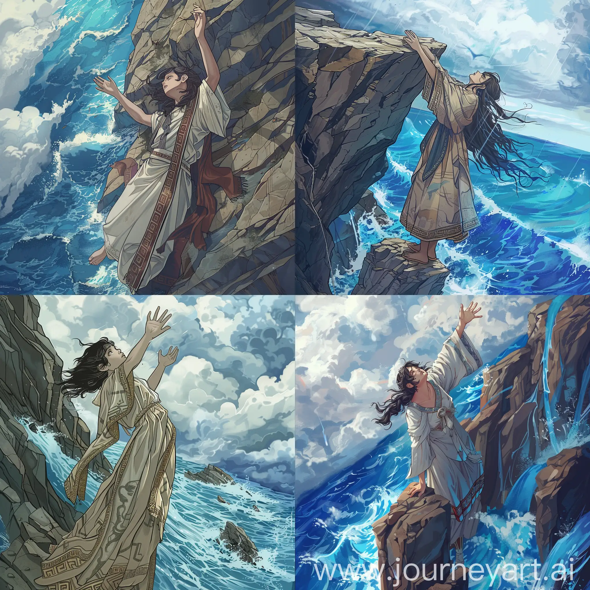 draw a beautiful girl in an ancient Greek robe standing on the edge of a cliff.  there is a sad expression on her face, she reaches up with her hands, as if calling for the help of the gods.  Below, cruel blue waves crash against sharp rocks.  The sky is cloudy, a strong wind is blowing, developing the girl’s black hair.  genre - semi-realism, a mixture of anime and realism.