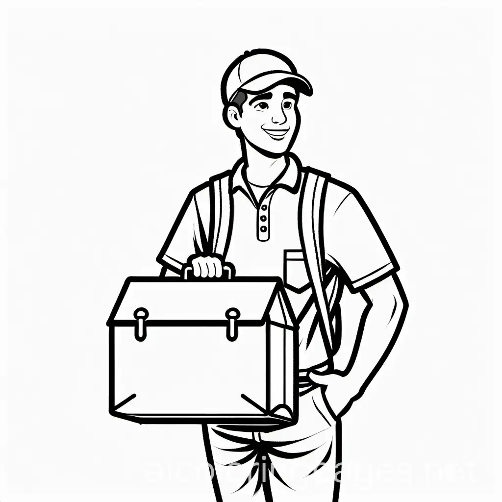 Courier man, Coloring Page, black and white, line art, white background, Simplicity, Ample White Space. The background of the coloring page is plain white to make it easy for young children to color within the lines. The outlines of all the subjects are easy to distinguish, making it simple for kids to color without too much difficulty