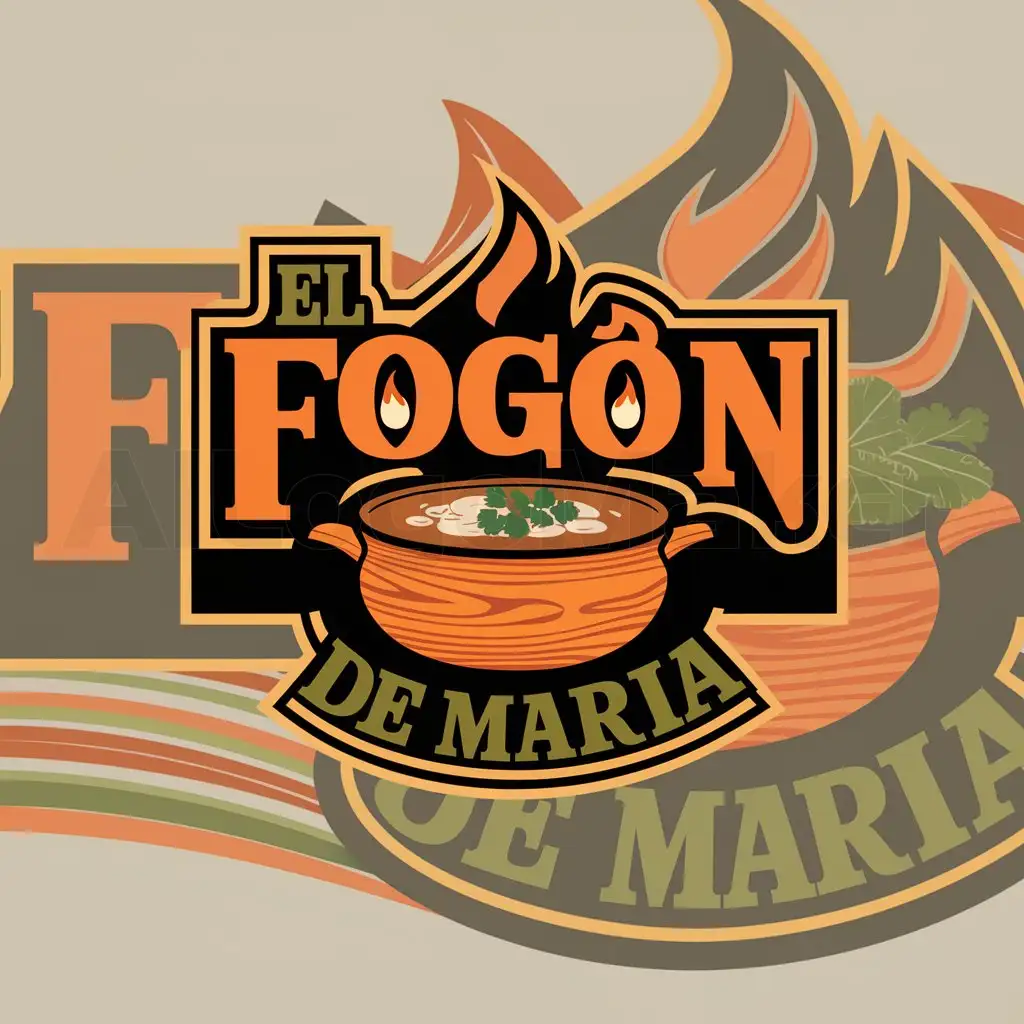 a logo design,with the text "El Fogón de Maria", main symbol:With flames and see a pot of soup that looks super pretty with wood colors, orange and green. very creole and with a plains style,Moderate,clear background