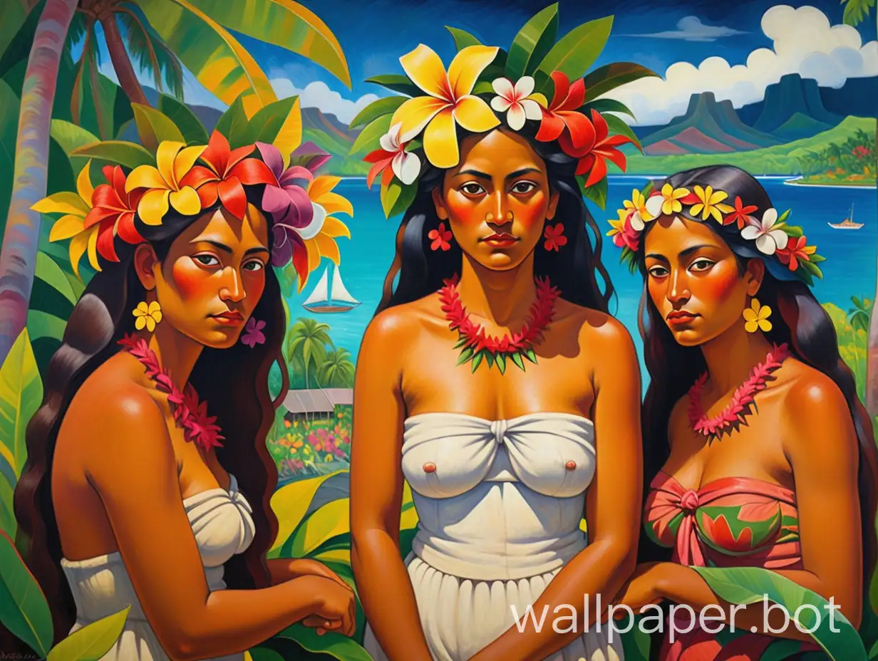 A mesmerizing painting in the style of Paul Gauguin, featuring three captivating Tahitian women adorned with vibrant flowers in their hair and bodies. Their natural beauty and uninhibited demeanor are beautifully captured as they embrace their environment amidst the bustling life of 1895 Papeete. The background showcases the daily lives of the local inhabitants, boats in the harbor, and the lush tropical landscape, creating a harmonious blend of exotic and nostalgic. The overall atmosphere of the piece transports viewers to the essence of Tahiti during Gauguin's time, evoking a sense of wonder and longing for a simpler, more authentic way of life., vibrant, painting, portrait photography, fashion