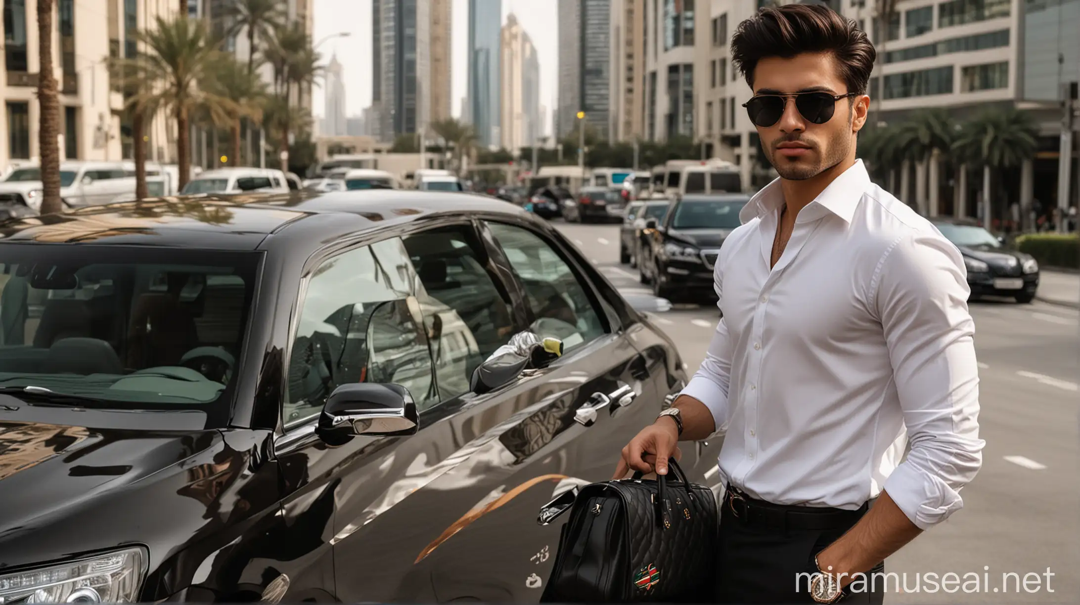 190 cm high man , fitness body , Black pants and white shirt , Rolex watch, quiff dark brown hair style , with stubble , 30 years old , leaning on the black E200 bnz , with beautiful Iranian girl , in modern dubai , a black Gucci bag  with lot of dollers on hood of car