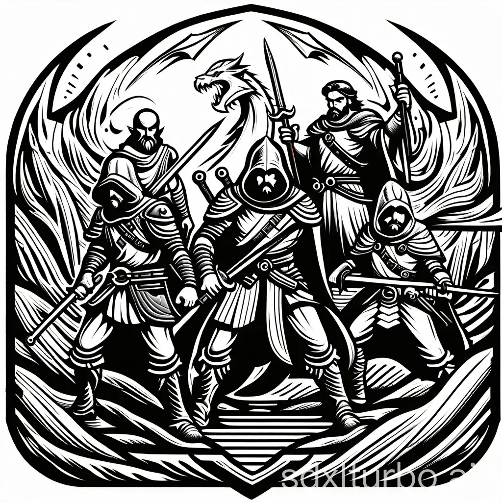 style of 1978 dungeons and dragons, by David Sutherland III, white background, 1bit bw, isolated on white, a gang of rogues,