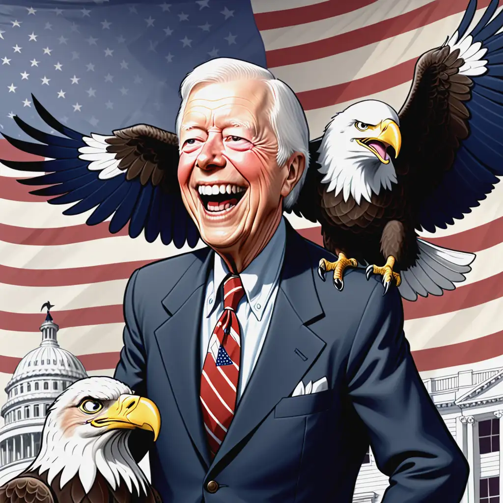 Cartoon Jimmy Carter laughing with a bald eagle perched on his shoulder standing in front of a U.S. Flag draped over the Declaration of Independence

