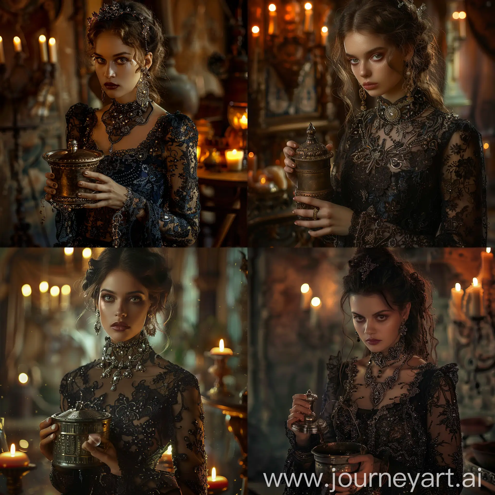 A woman with a pensive expression, dressed in a dark lace gown with intricate beading and jewelry, holding a metal container in a dimly lit, candle-lit setting, in the style of a dramatic, moody portrait.