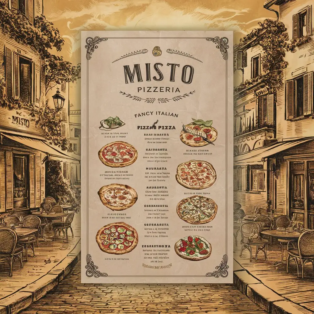 Misto Pizzeria, Vintage Restaurant menu, Fancy restaurant menu, Sketched Italian city Restaurant menu