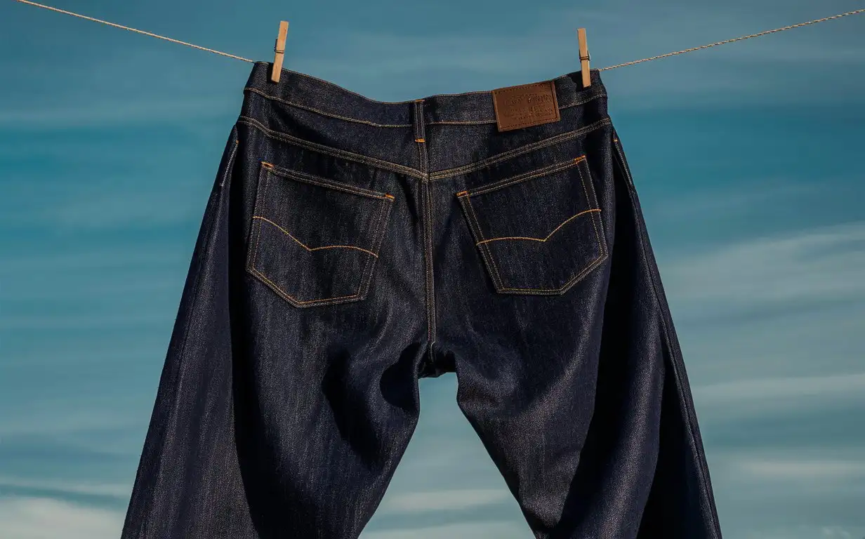 A pair of dark blue jeans hanging on a clothesline. The jeans are made of a thick, durable denim and have a classic five-pocket design. The light shining on the jeans highlights their rich color and texture.