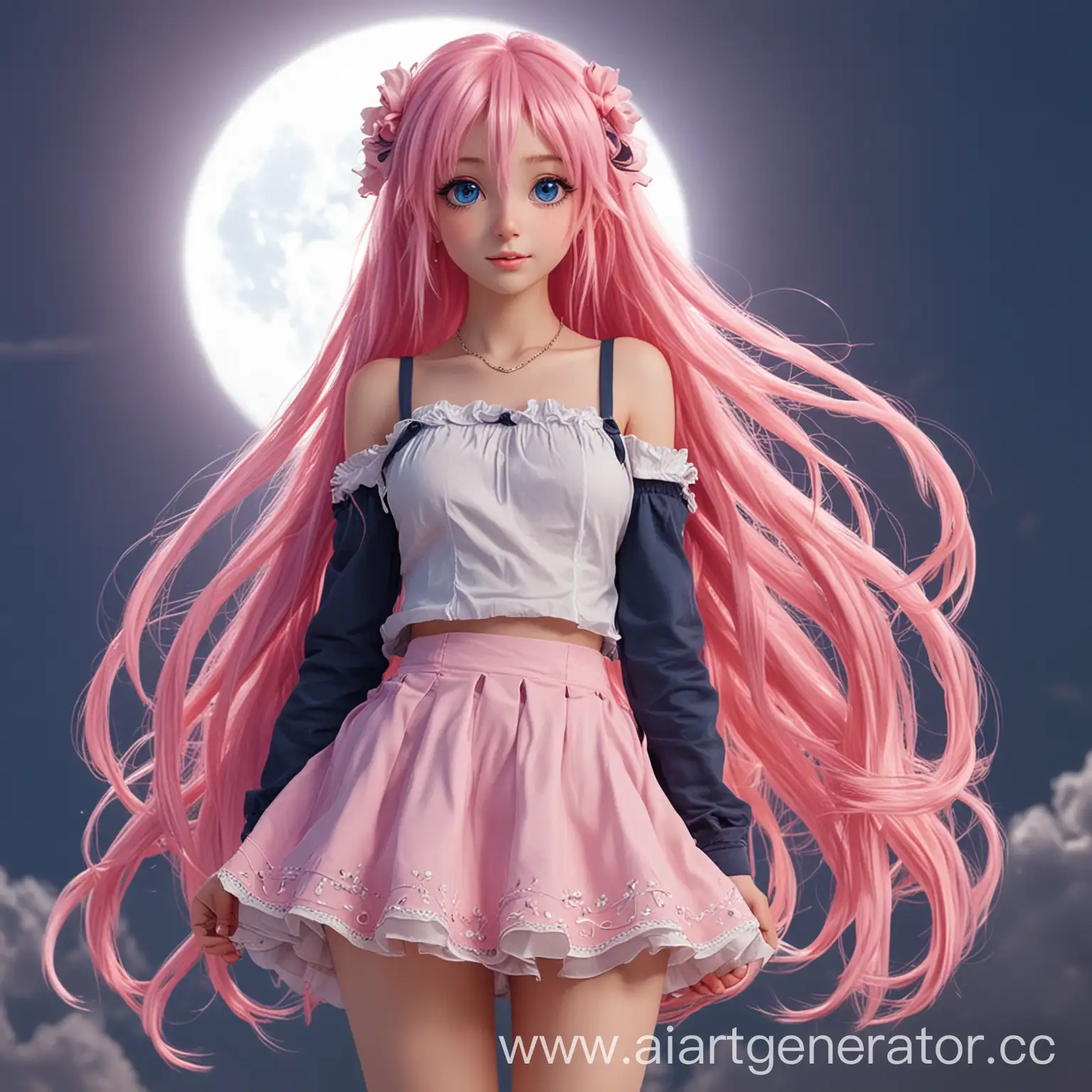 милая аниме девочка,с голубыми глазами и с длинными розовыми волосами в юбке на фоне красивой луны
