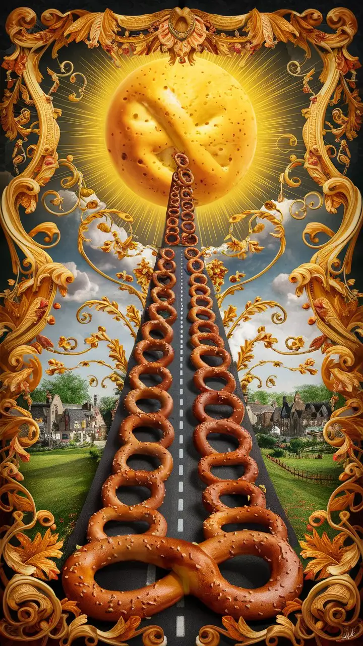 Whimsical Pretzel Highway with Cheese Sun in Rococo Style