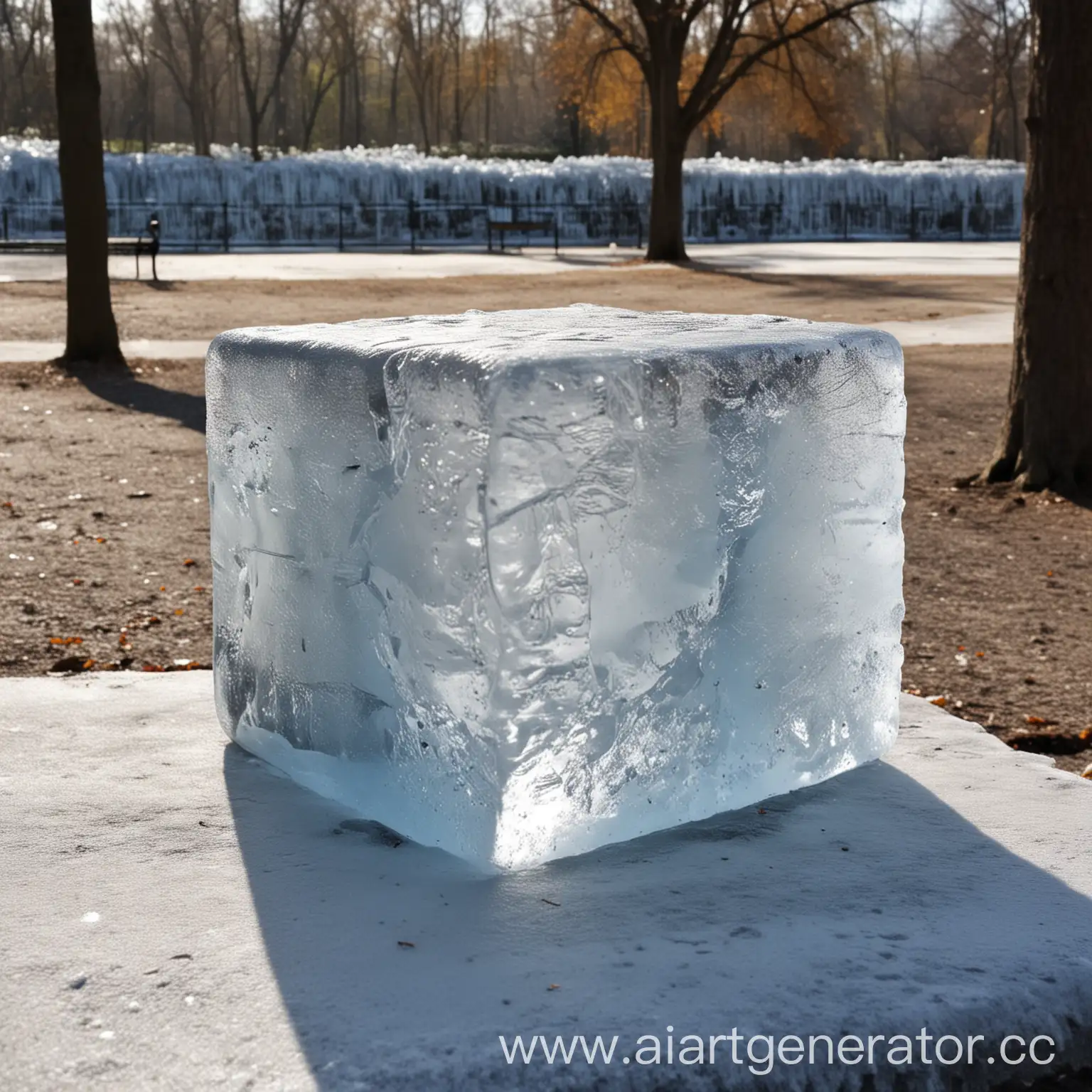Ice-Cube-on-Park-Bench-in-Urban-Oasis
