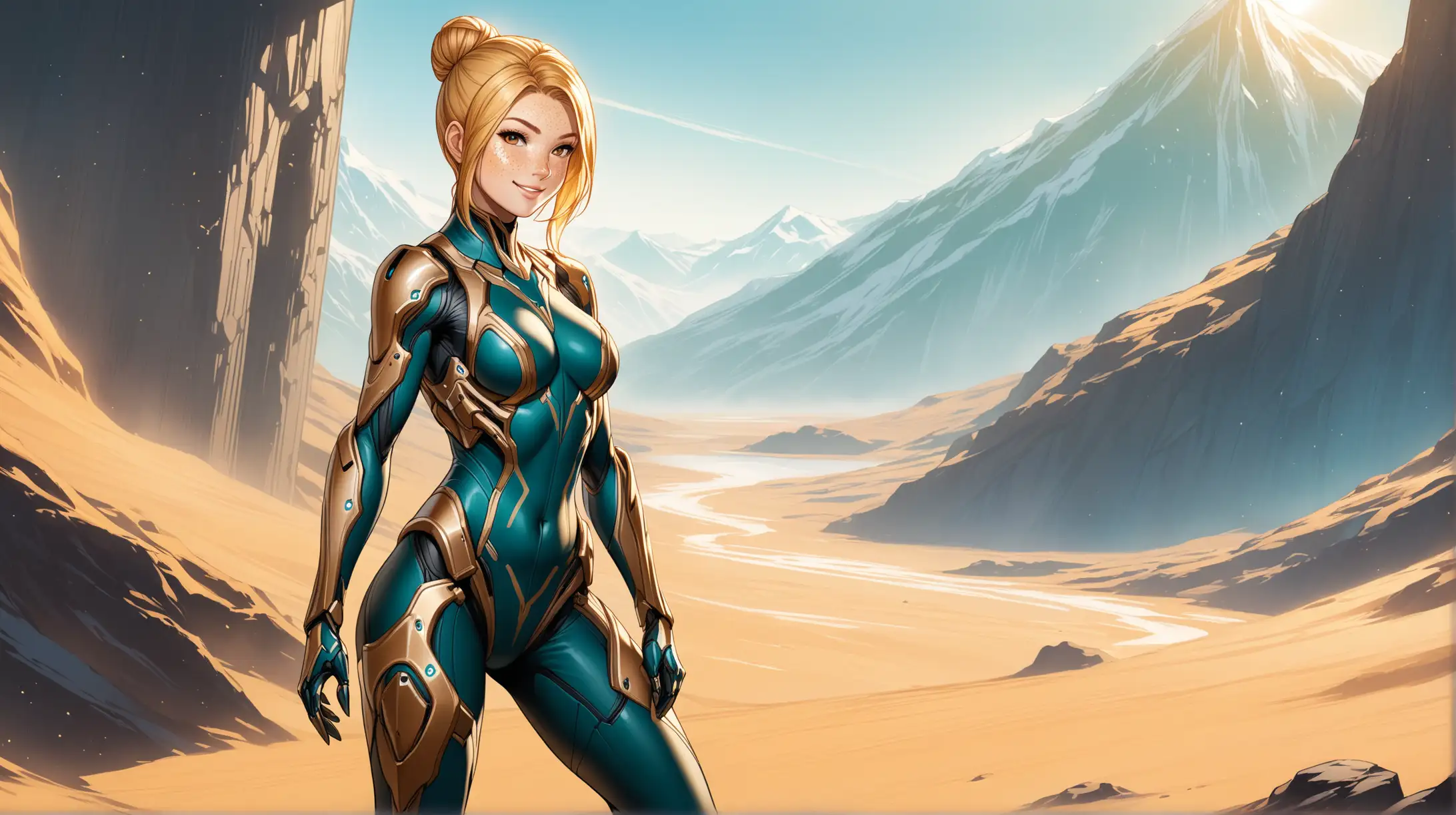 Confident Blonde Woman in WarframeInspired Bodysuit Poses Outdoors