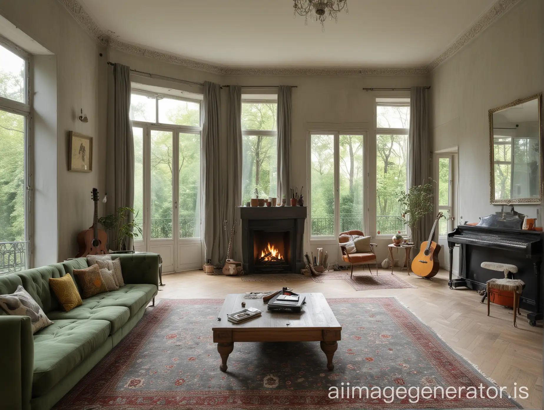 un apartmento spacious and bright, with a lit fireplace on the left, in front a very large window overlooking a grove, to the right farther back you can see a space where there is a piano, a guitar and musical instruments. In front of the fireplace there is a sofa in the shape of L, gray color and a Persian carpet. The fireplace is modern prismatic green petroleum color. The atmosphere is warm and modern.