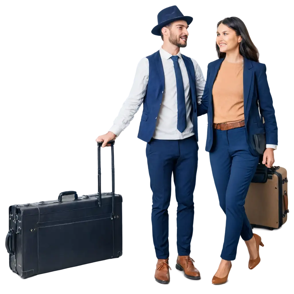 man adn girl using hat going to traveling and hold suitecase
