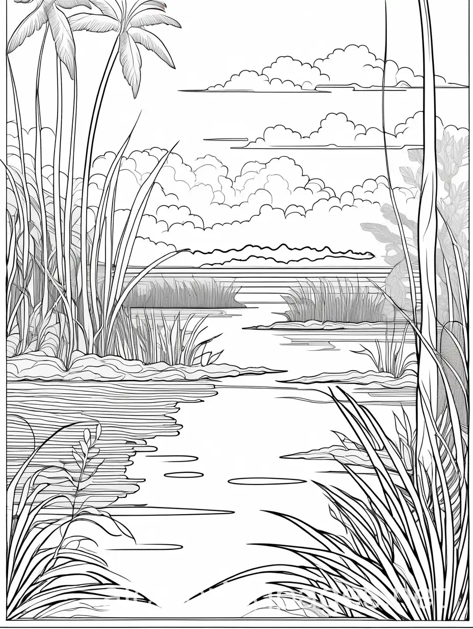everglades national park, Coloring Page, black and white, line art, white background, Simplicity, Ample White Space. The background of the coloring page is plain white to make it easy for young children to color within the lines. The outlines of all the subjects are easy to distinguish, making it simple for kids to color without too much difficulty