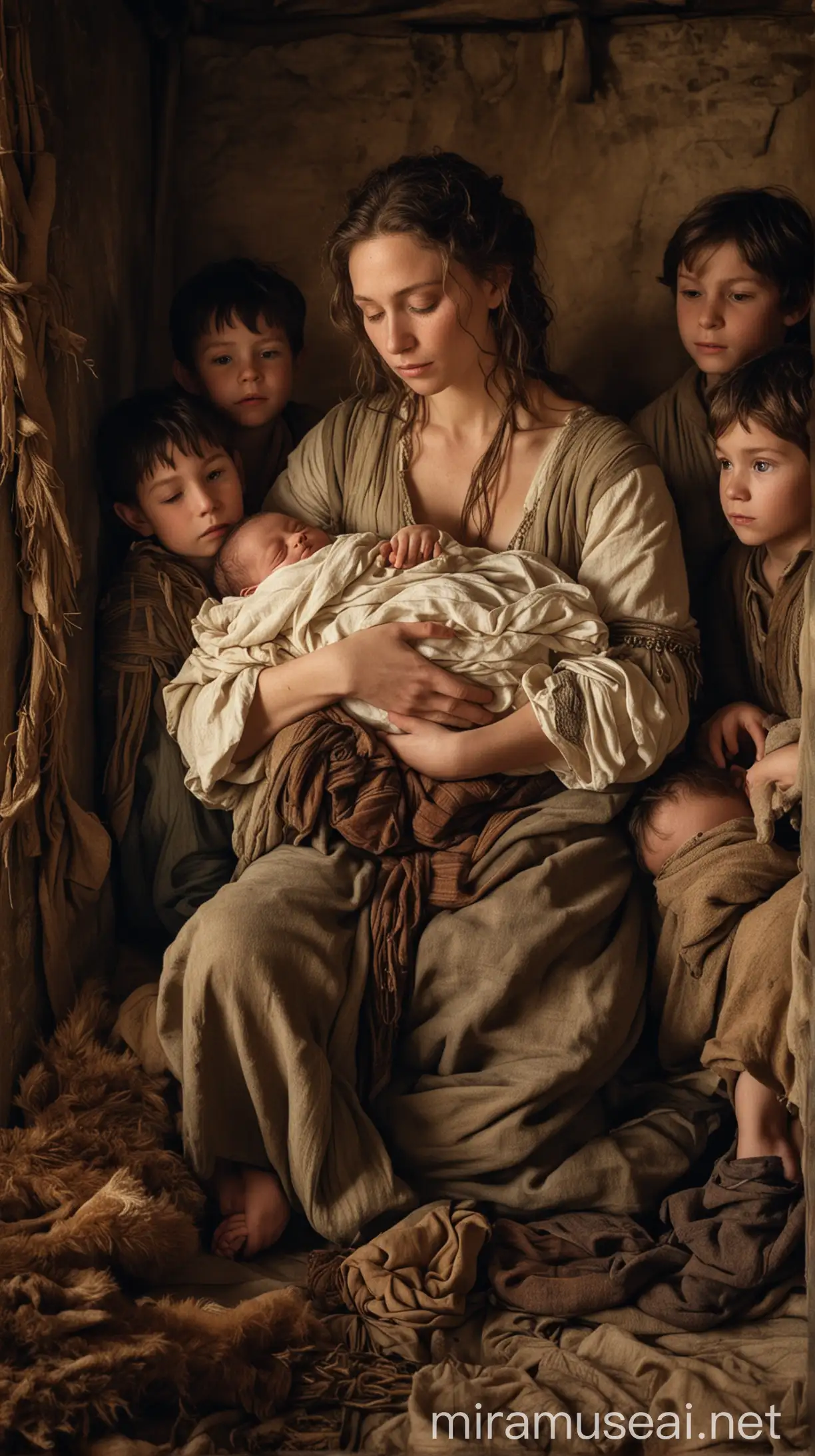 A serene image of Leah cradling her newborn daughter, Dinah, surrounded by her six older sons in a humble 17th-century BC dwelling In ancient world 