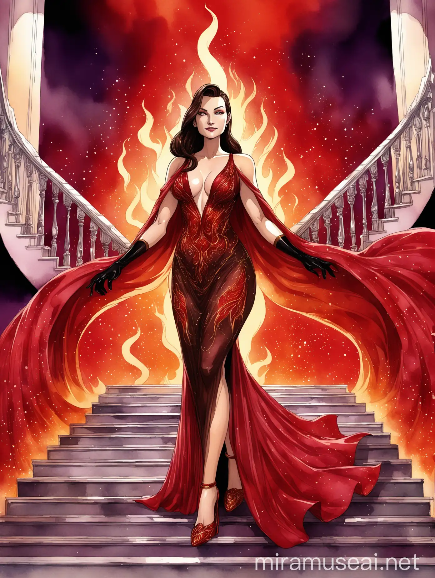 Illustration of a beautiful tall woman, with really long dark brown hair with slicked back bangs and red sparkling rubies in her hair, amber eyes, dark makeup, toned curvy figure, she is wearing a long greek styled sheer sparkling red and purple slip gown with hig detailed flame motives and a deep V-neck, a long neck cloak, sparkling flame designed heels, red ruby jewelry, mesh flame embroidered long gloves, she is walking down on a sparkling staircase filled with flowers, indoors, at sunset, purple and red color pallet, watercolor style, drawn in the style of the artist Jim Lee, comic book cover style, dramatic lighting, red sparkling dust flowing in the air, smirking at the viewer, close up