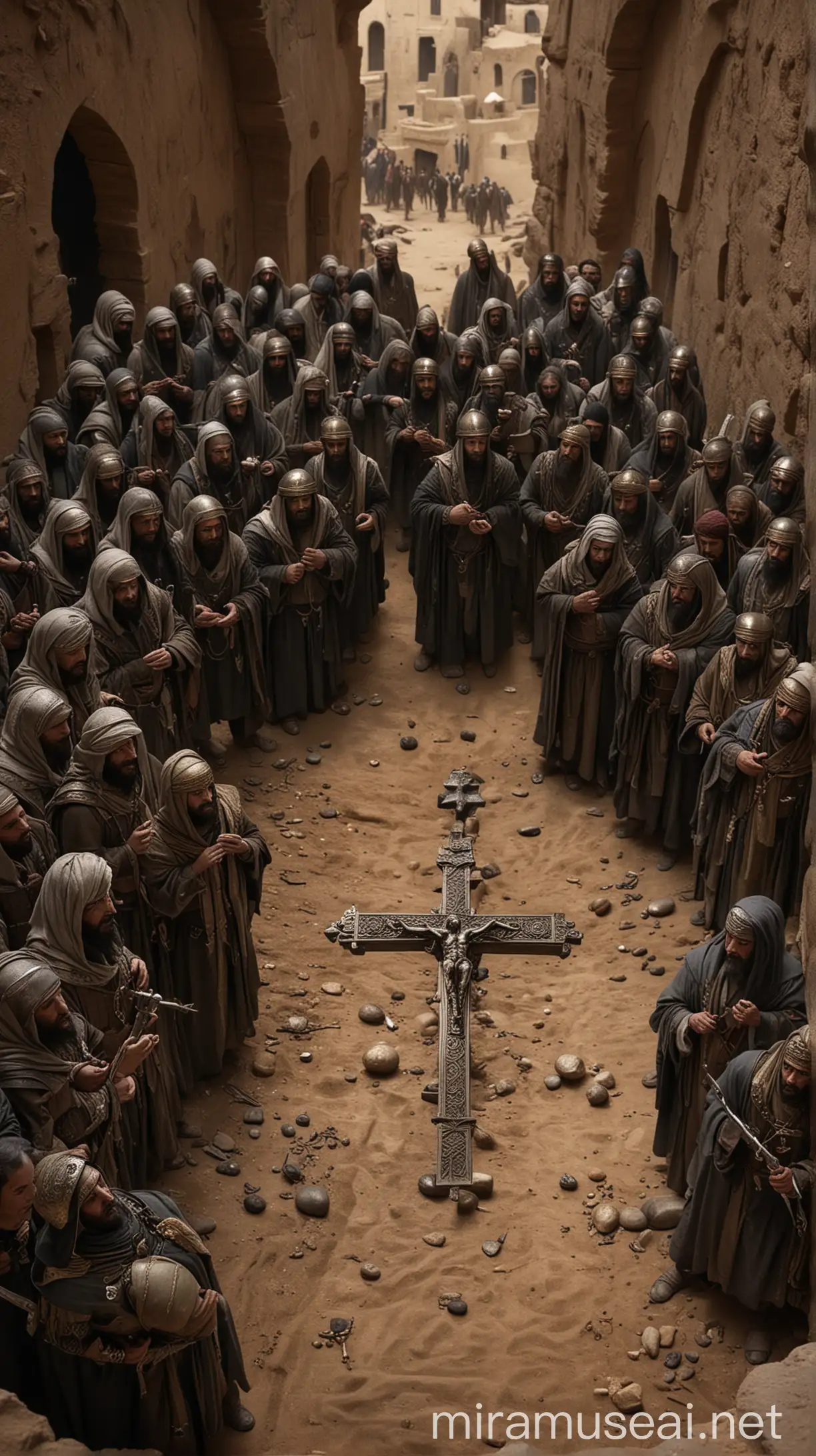  Highlight the relic of the true cross, the contrast between Baldwin’s small force and Saladin’s larger army, and the dramatic tension in the scene. hyper realistic