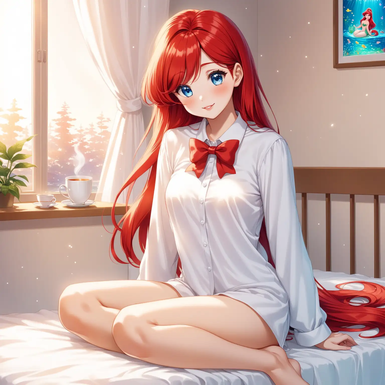 Dreamy Ariel Enjoying Tea in Elegant Schoolgirl Attire