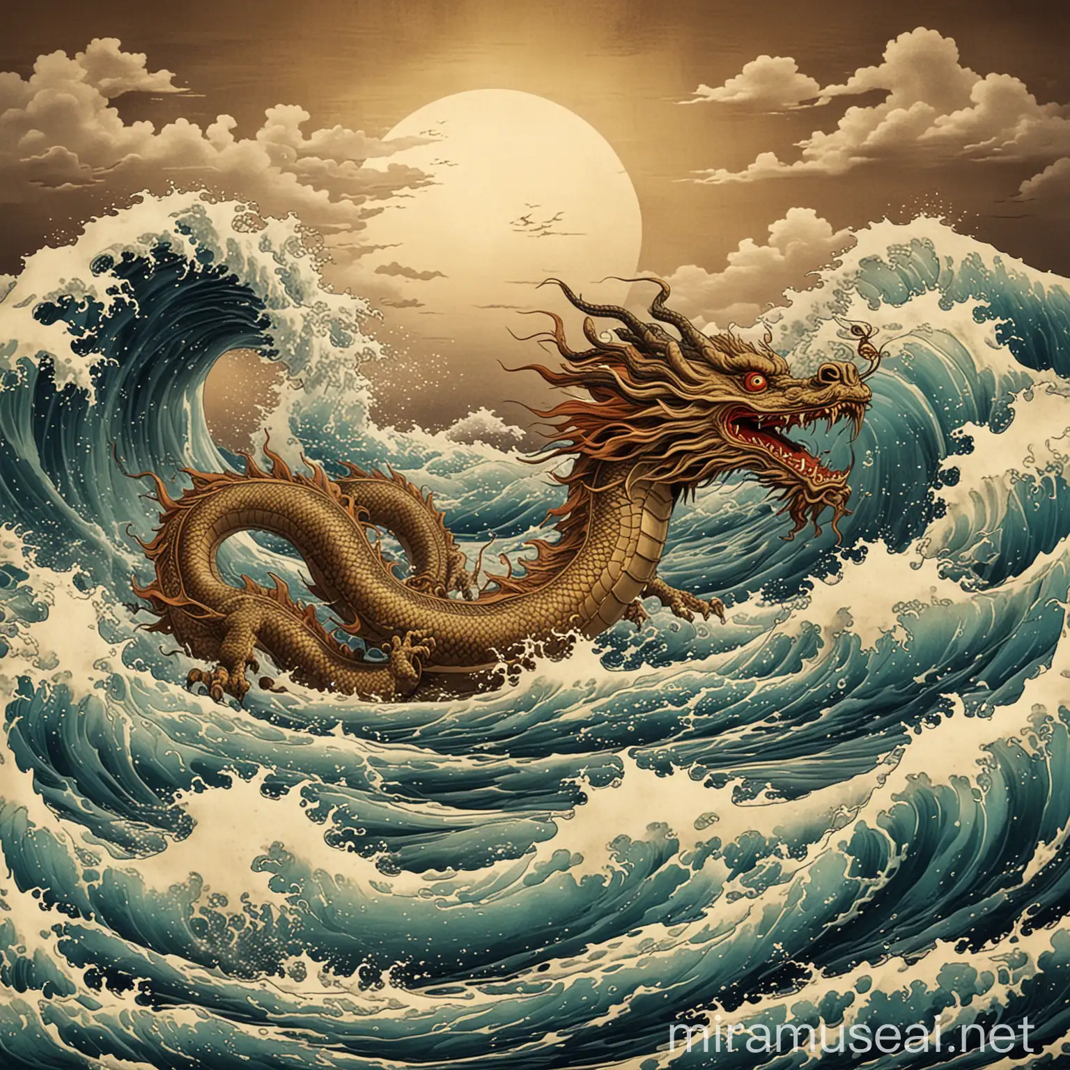 Antik chinese dragon flying above kanagawa waves