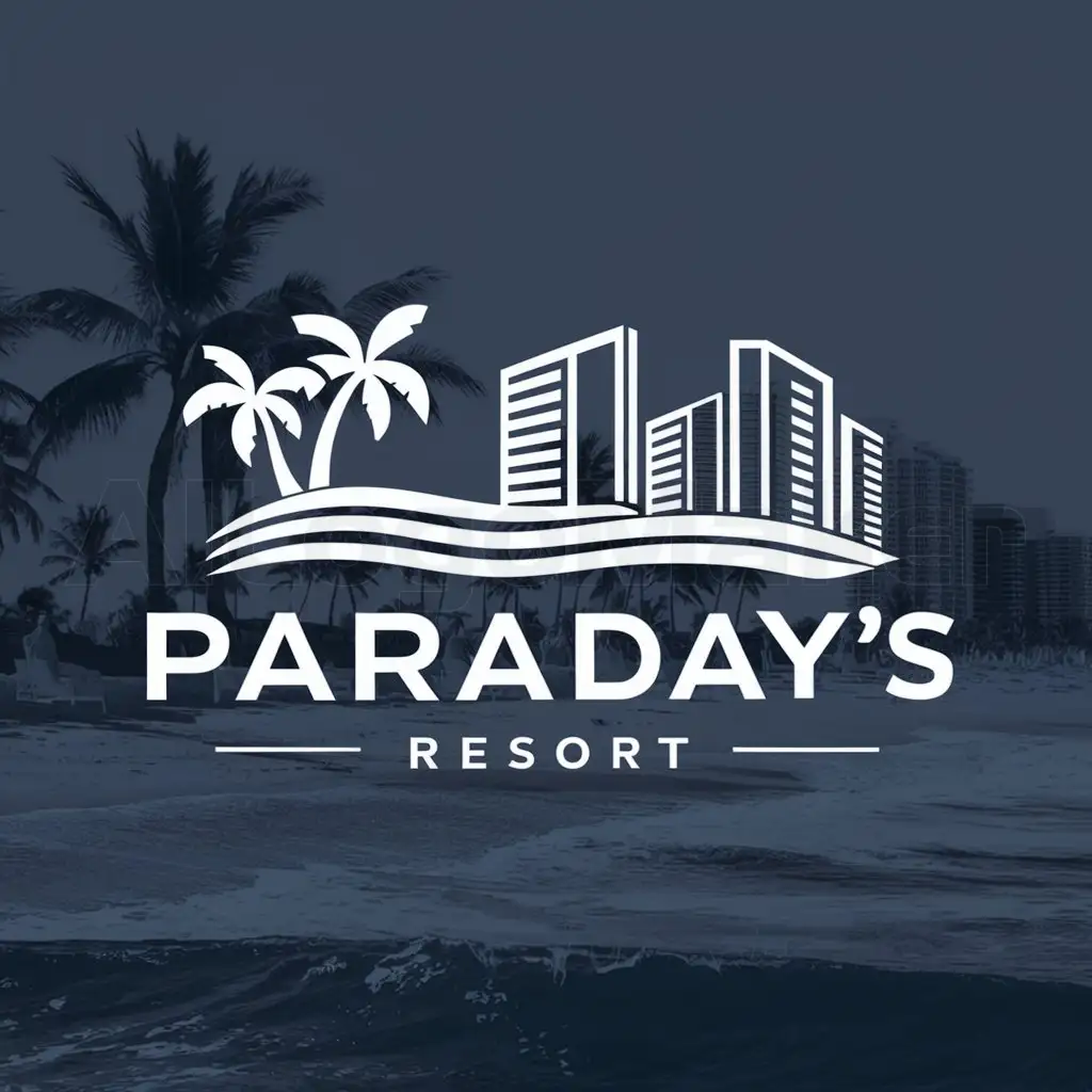 LOGO-Design-for-Paradays-Resort-Tranquil-Beach-Scene-with-Palm-Trees-and-Buildings