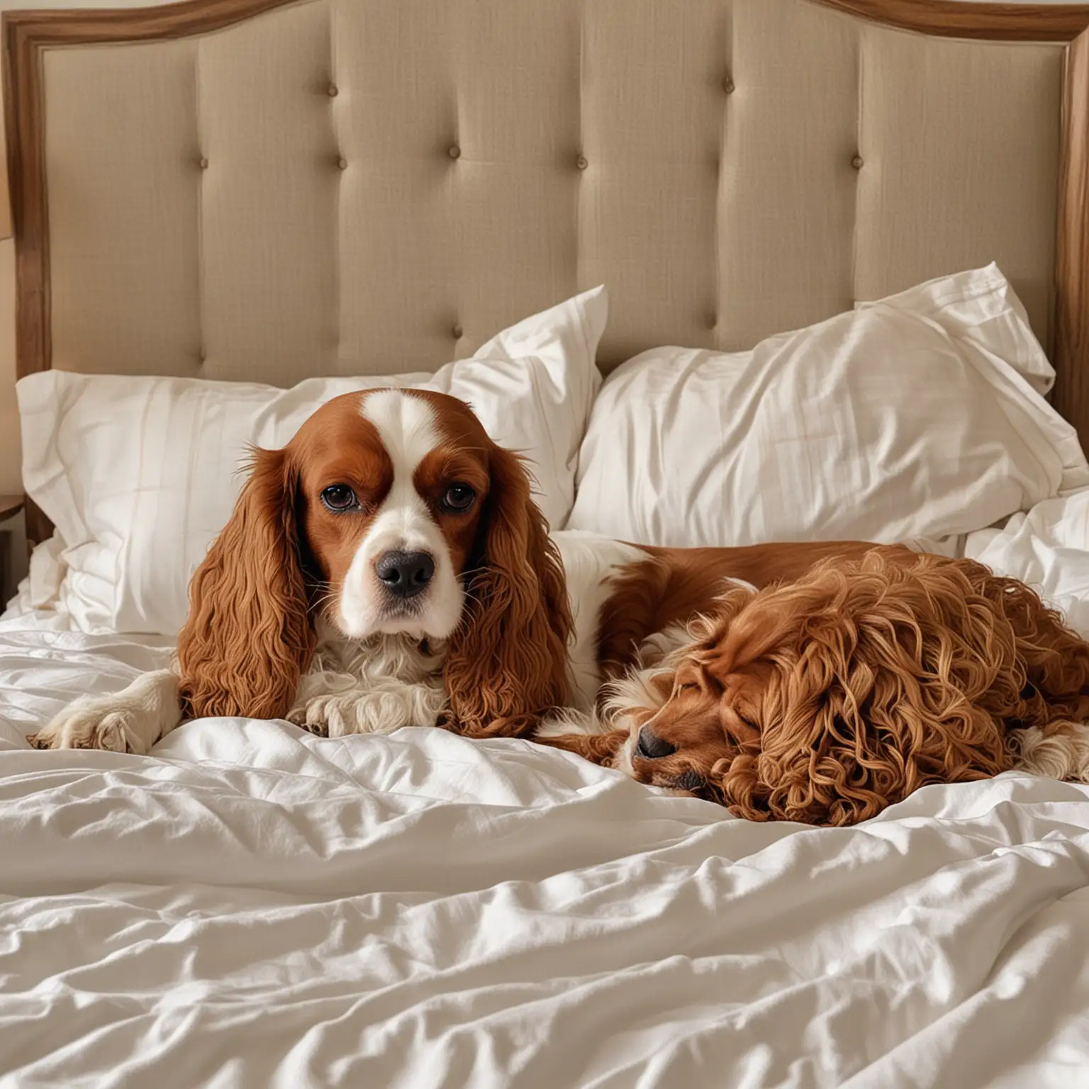 Cavalier Spaniel Sleeping Comfortably with Elderly Couple on Bed