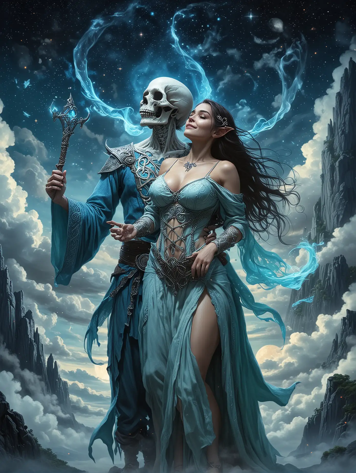 Two lovers stand front to back in the clean cool air. cheerful elven Hispanic woman Stands with her busty celtic hobbit lesbian lover.  The tall elven sorceress summons happy skull spirits that float on the air and brigten the night sky. Her tiny hobbit lover blows gentle blue vapor into the air. 