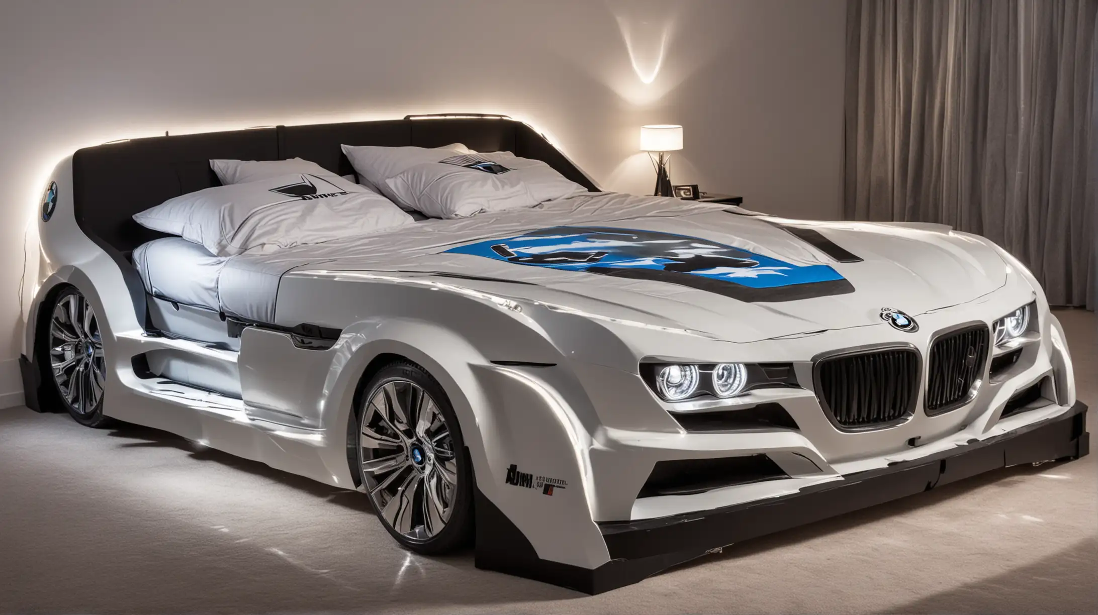 Double bed in the shape of a BMW car with headlights on and Lightning graphics