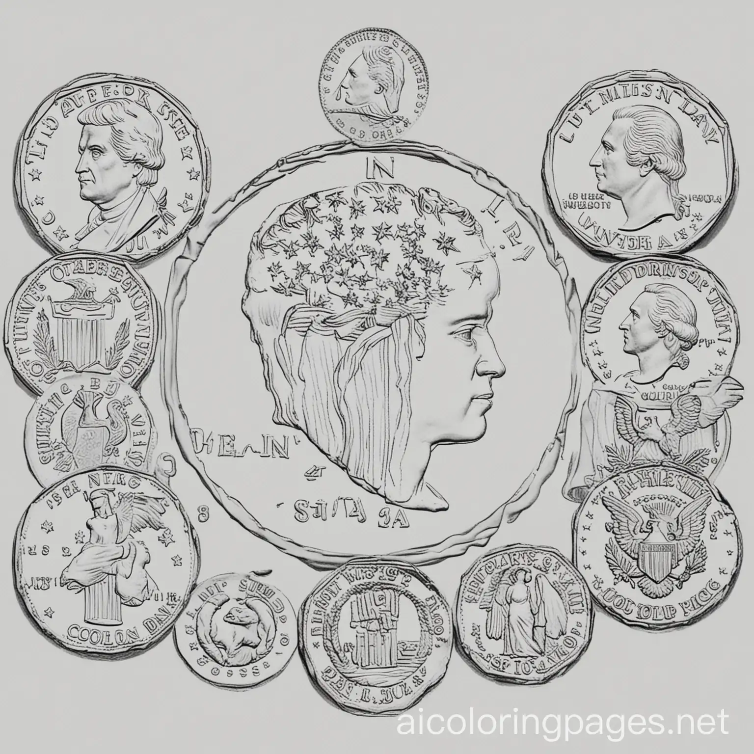 All U.S.A coins coloring with clear image to color , Coloring Page, black and white, line art, white background, Simplicity, Ample White Space. The background of the coloring page is plain white to make it easy for young children to color within the lines. The outlines of all the subjects are easy to distinguish, making it simple for kids to color without too much difficulty