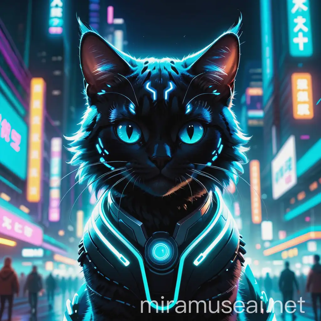 Cool looking Futuristic cat, Futuristic neon blue light city, blur, background, anime wallpapers ltg xhg ltg, in the style of digital neon, speedpainting, cyan and black, hyper-realistic pop, cryptopunk, detailed character illustrations, rounded, starring directly into the camera with a smile