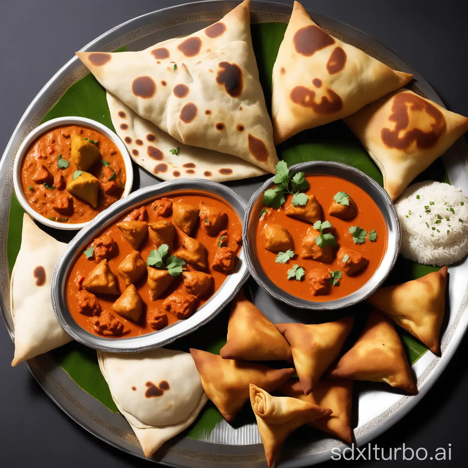 A plate of different traditional Indian dishes, such as chicken tikka masala, samosas, and naan. The dishes are arranged in an appetizing way, and the image is taken from a high angle to make the food look even more delicious.

