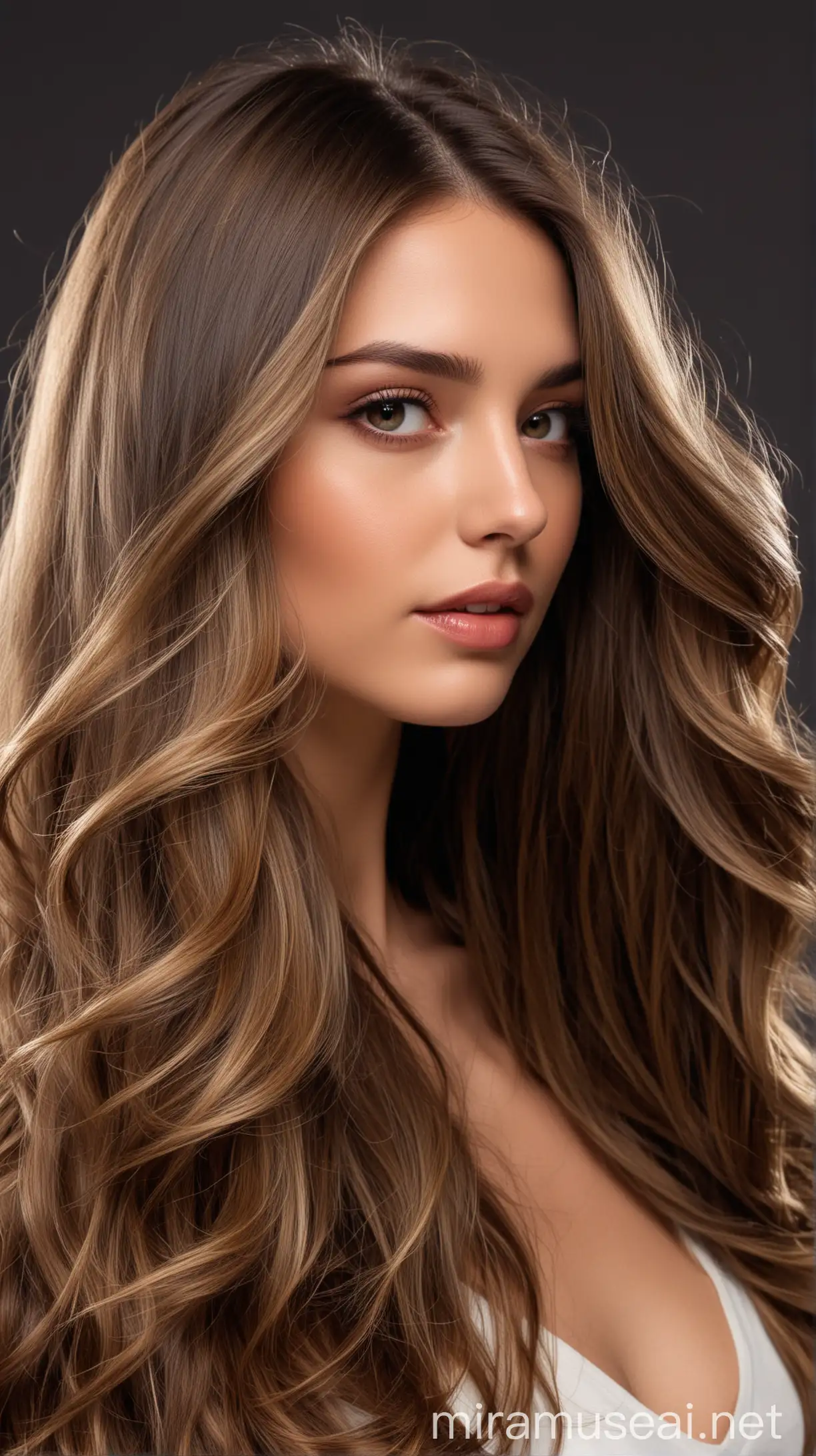 Perfil model with spectacular long brunette balayage hair