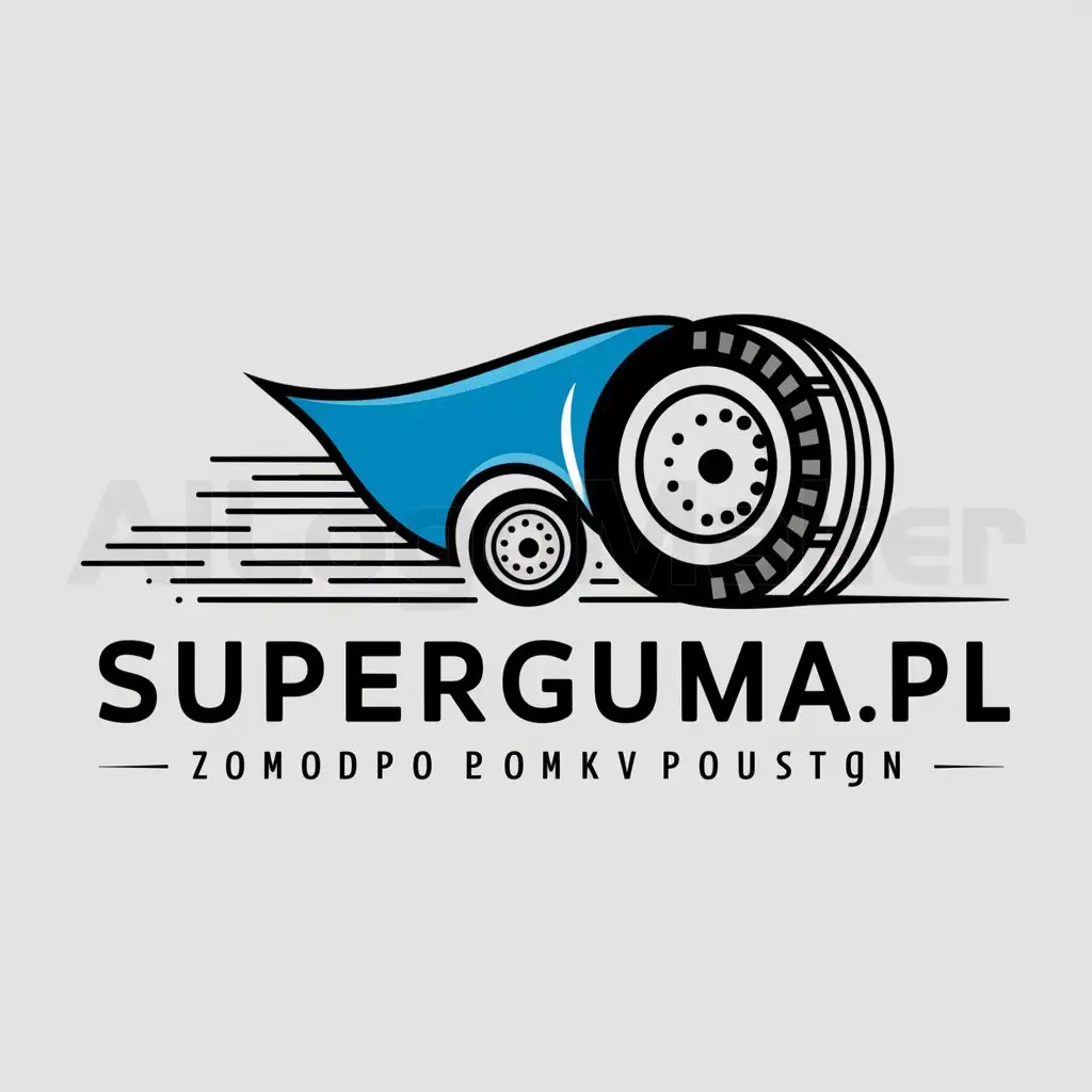 a logo design,with the text 'SuperGuma.PL', main symbol:logo designing the tire for truck  with blue cape in motion attached to it, vector style,Moderate,be used in Automotive industry,clear background