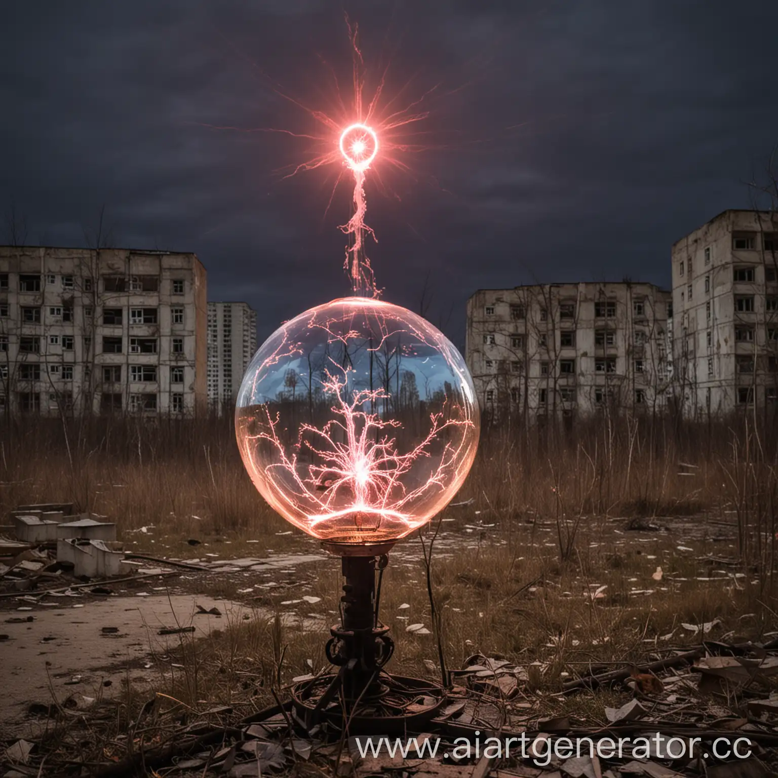 Плазменный шар на фоне города Припять