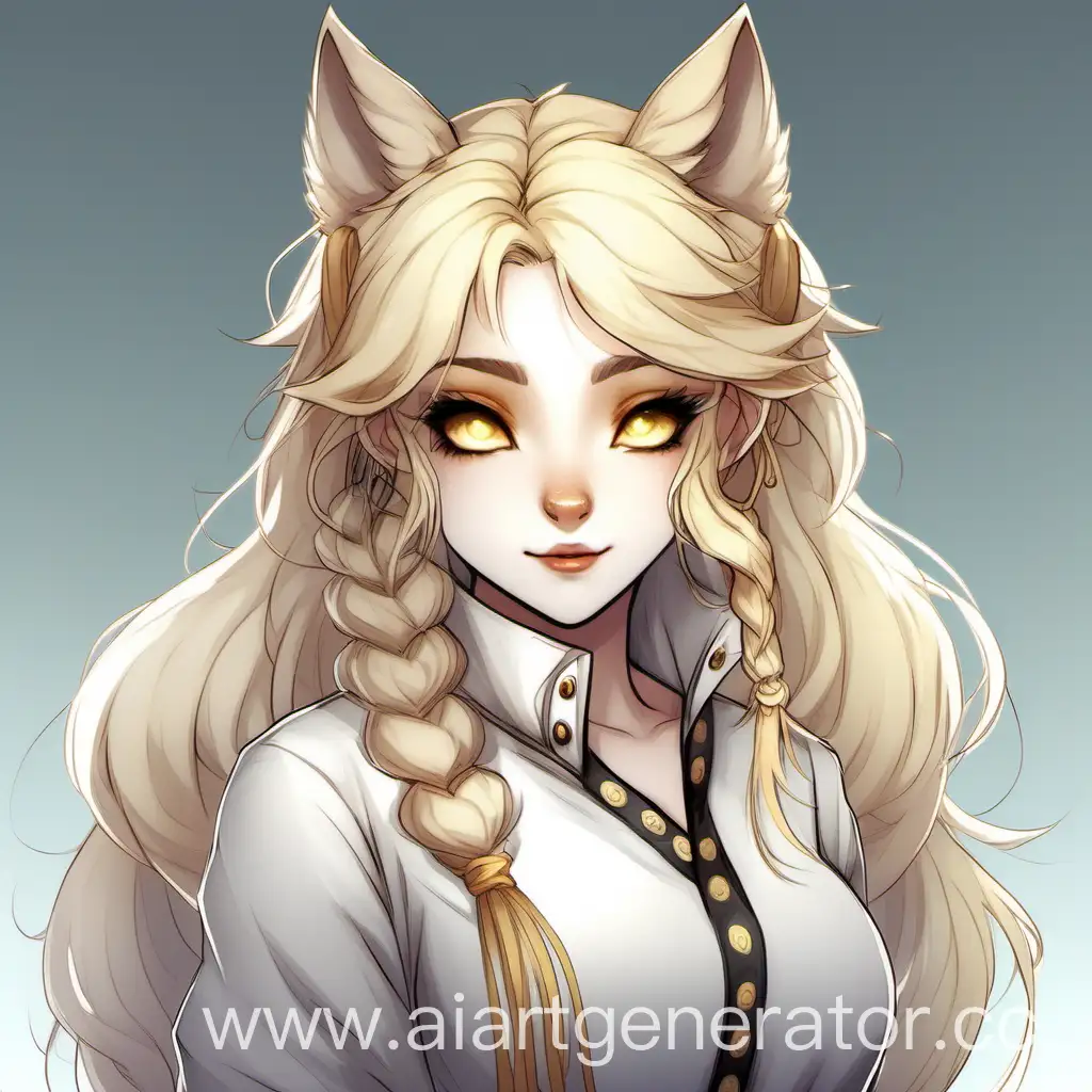 A fantasy wolf girl with golden eyes and blonde hair tied in a bun. She has pale skin and a bushy tail.