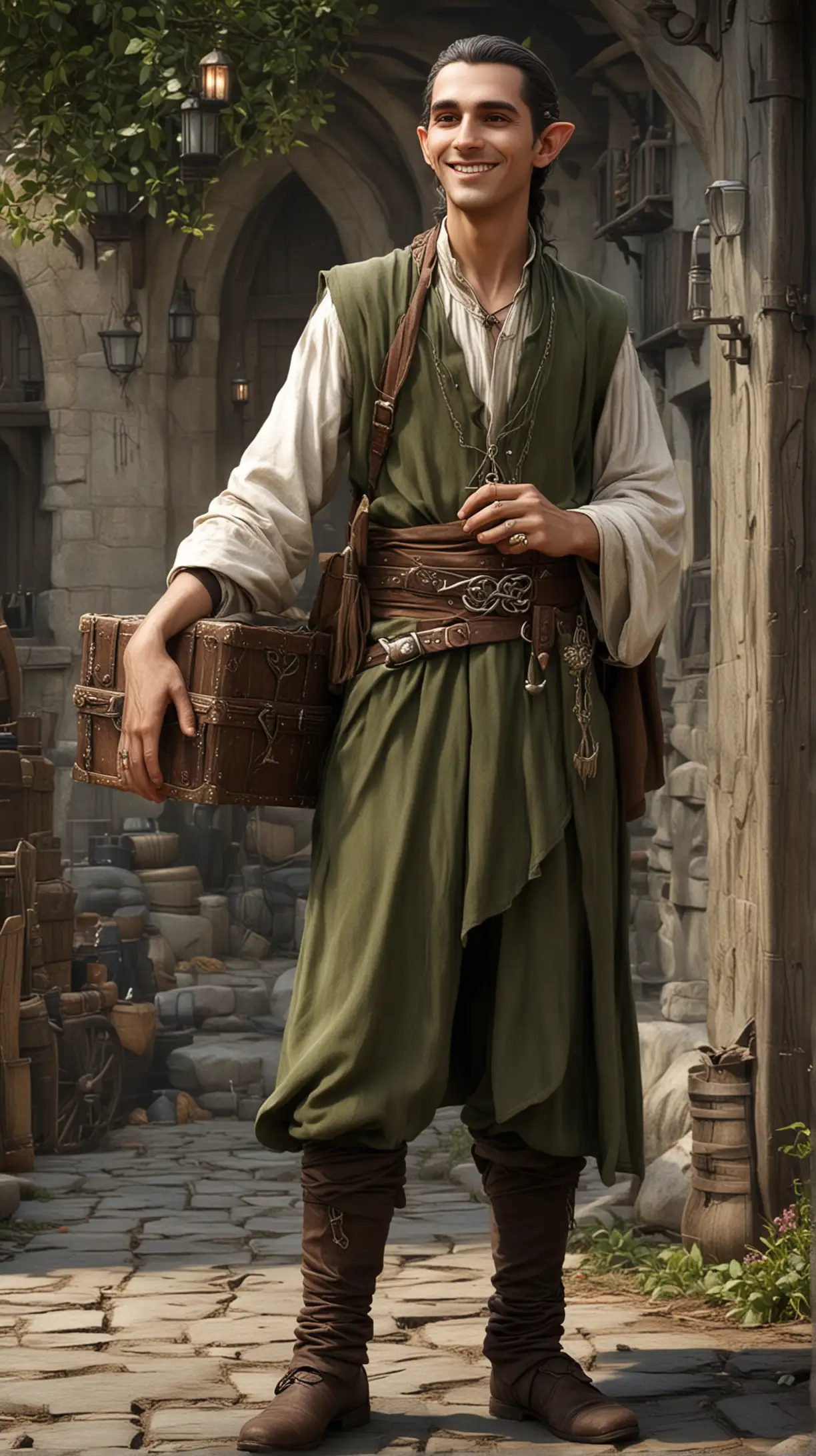 Elvish Collector Negotiating with Traveling Merchants for Rare Items