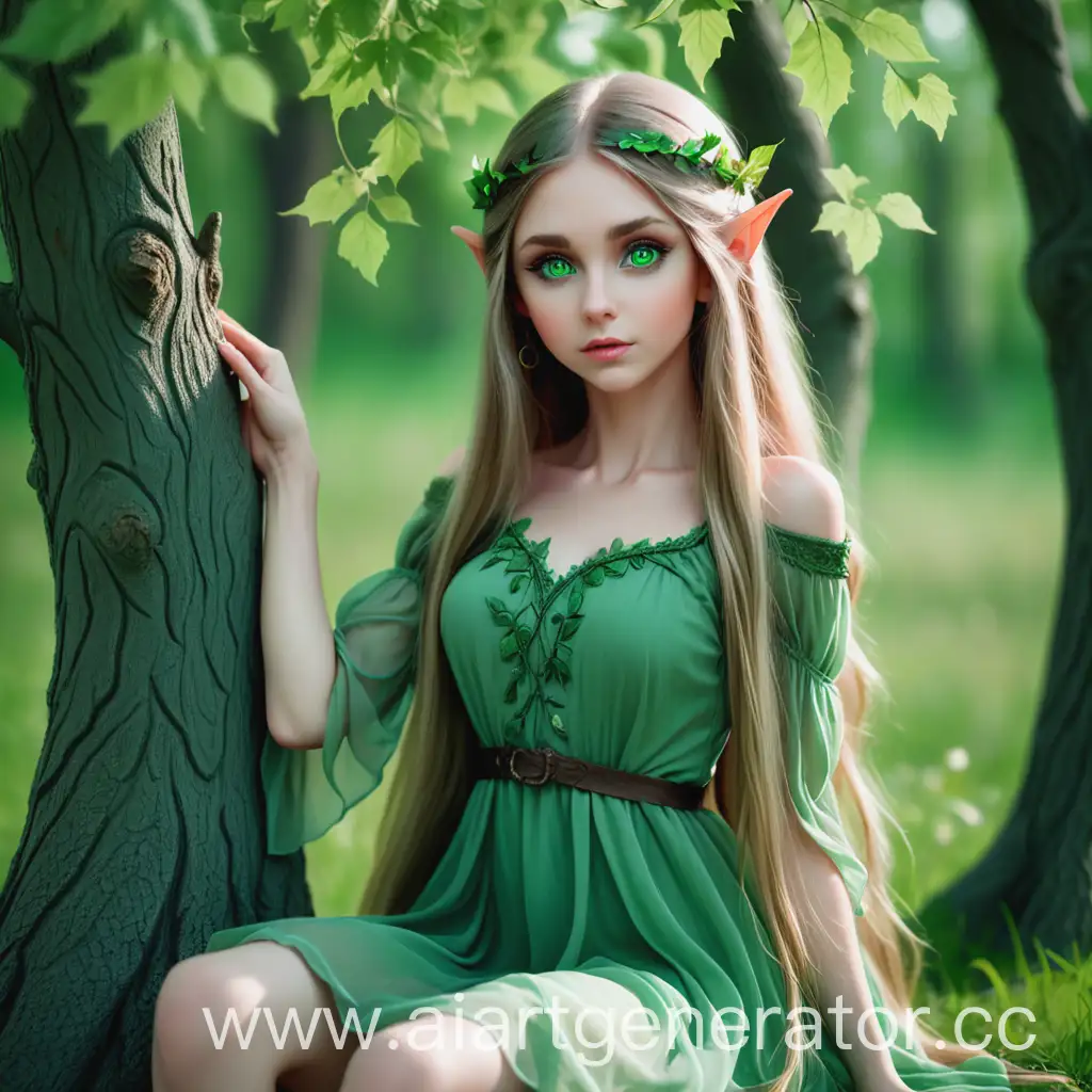 Enchanting-Elf-Girl-with-Long-Hair-Sitting-on-Tree