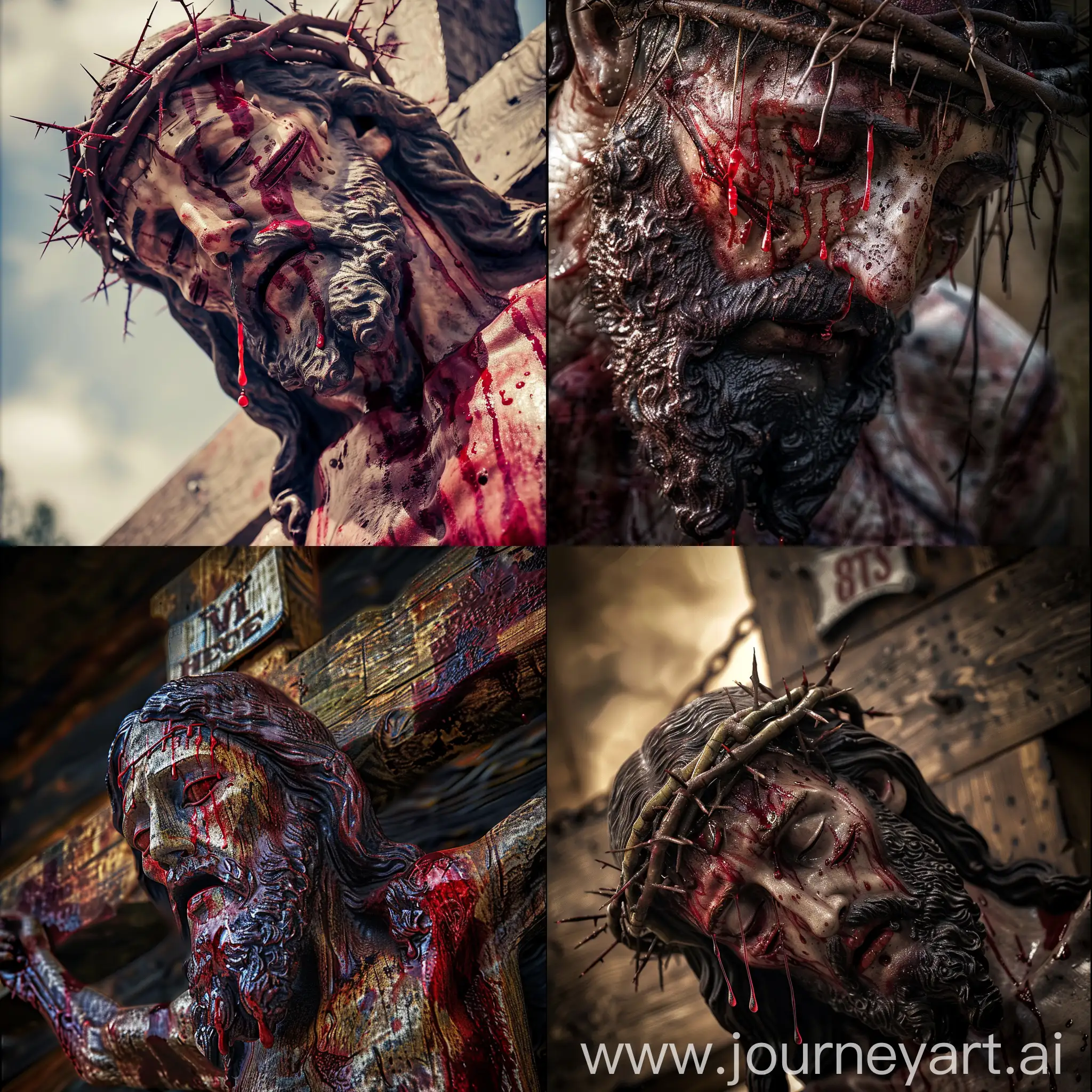 Jesus on big cross head blood and bein .hdr. reailtc. Ultra wide. 8k. Quilty ultra hd